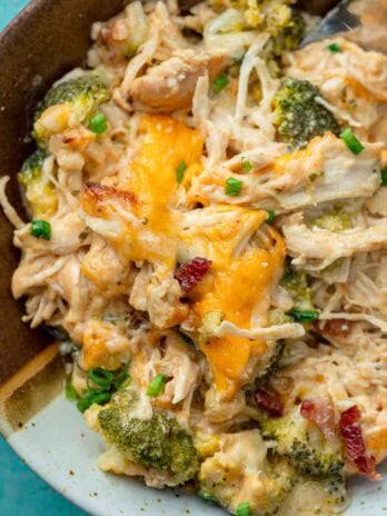 A large serving of Crack Chicken Casserole in a bowl