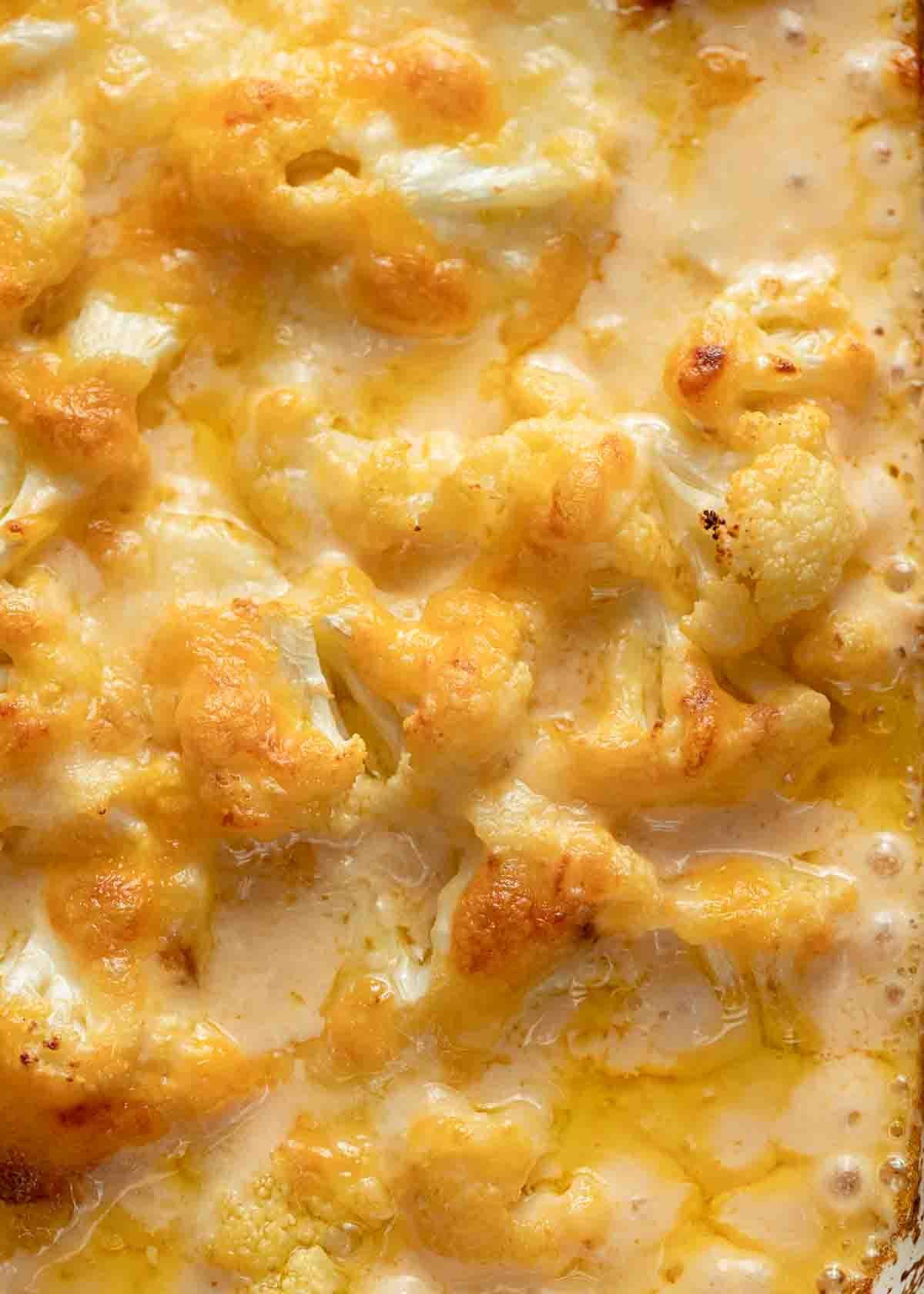 ultra creamy, cheesy cauliflower casserole up close