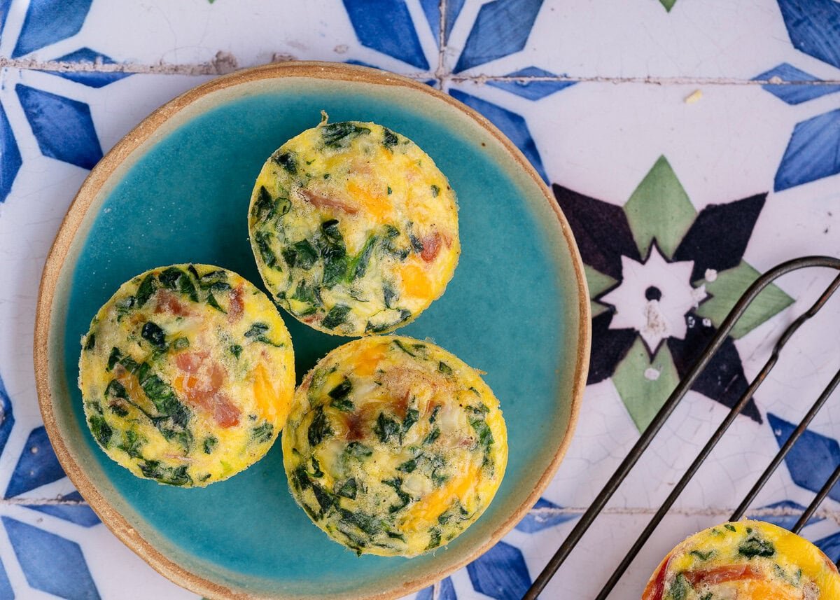 overhead shot showing the best spinach egg muffins on a plate