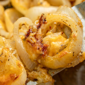 closeup of cheesy onion casserole