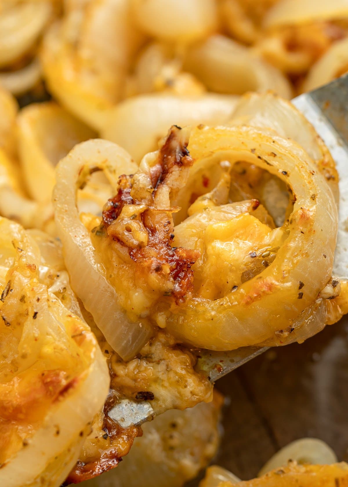 closeup of cheesy onion casserole