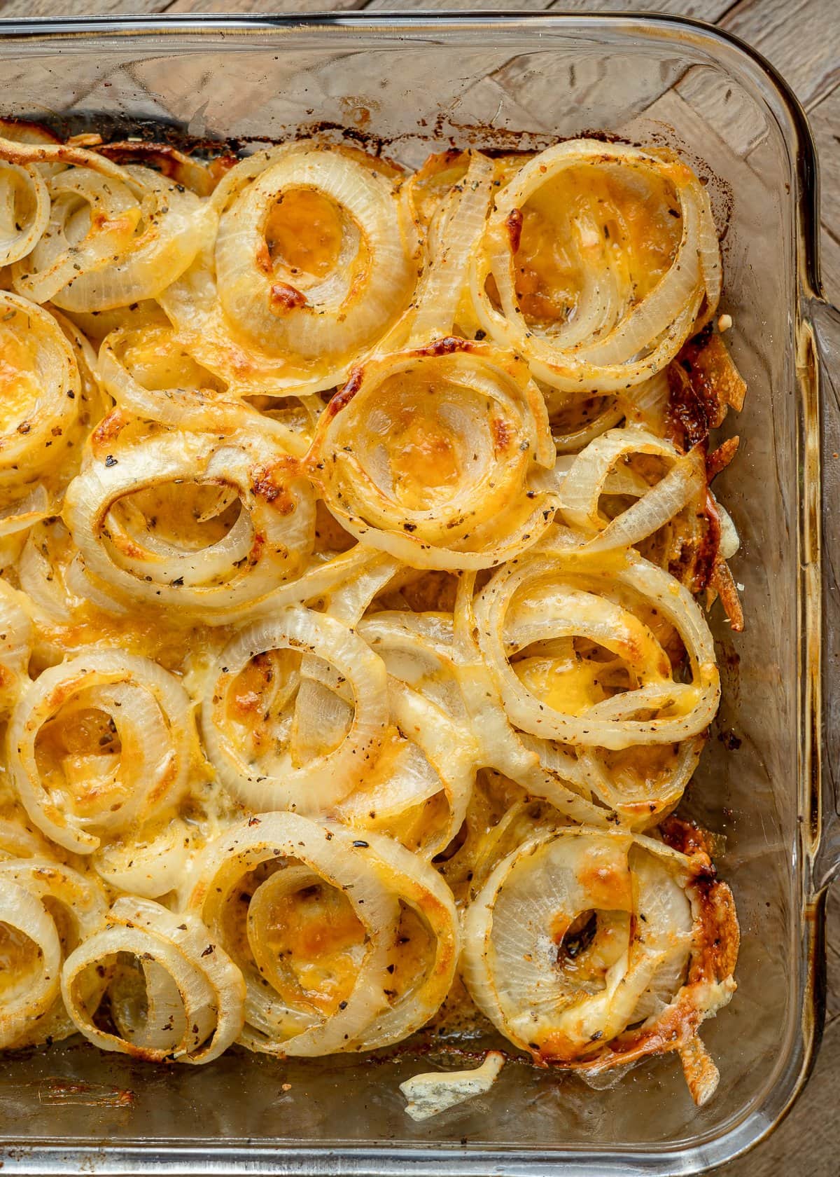 cheesy tennessee onions in a casserole dish