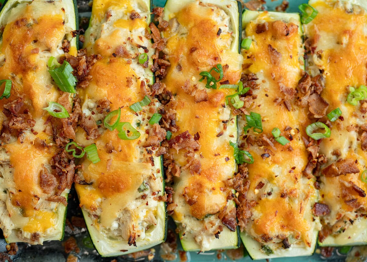 easy stuffed zucchini recipe filled with chicken bacon ranch flavor
