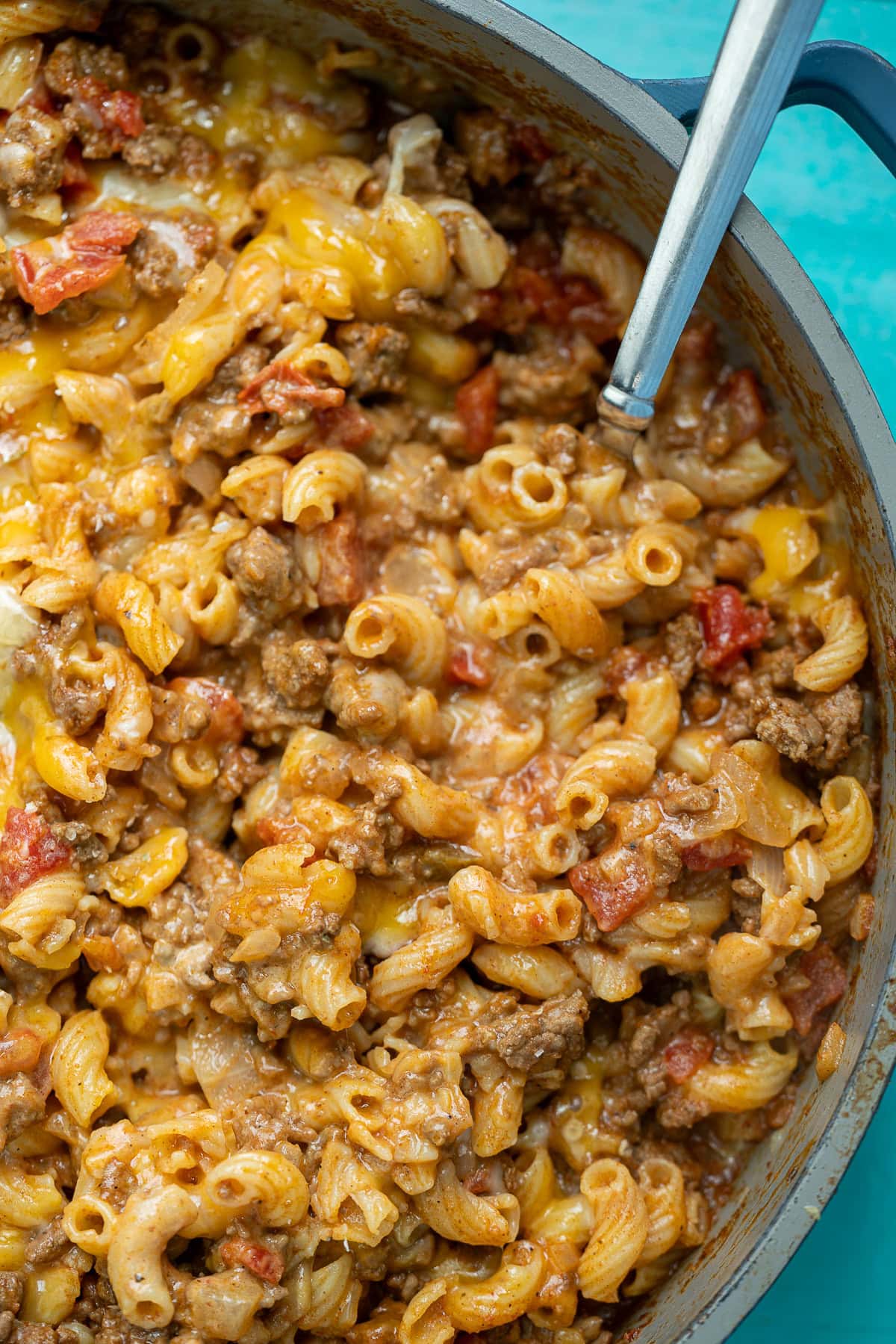 cheesy chili mac in a large skillet
