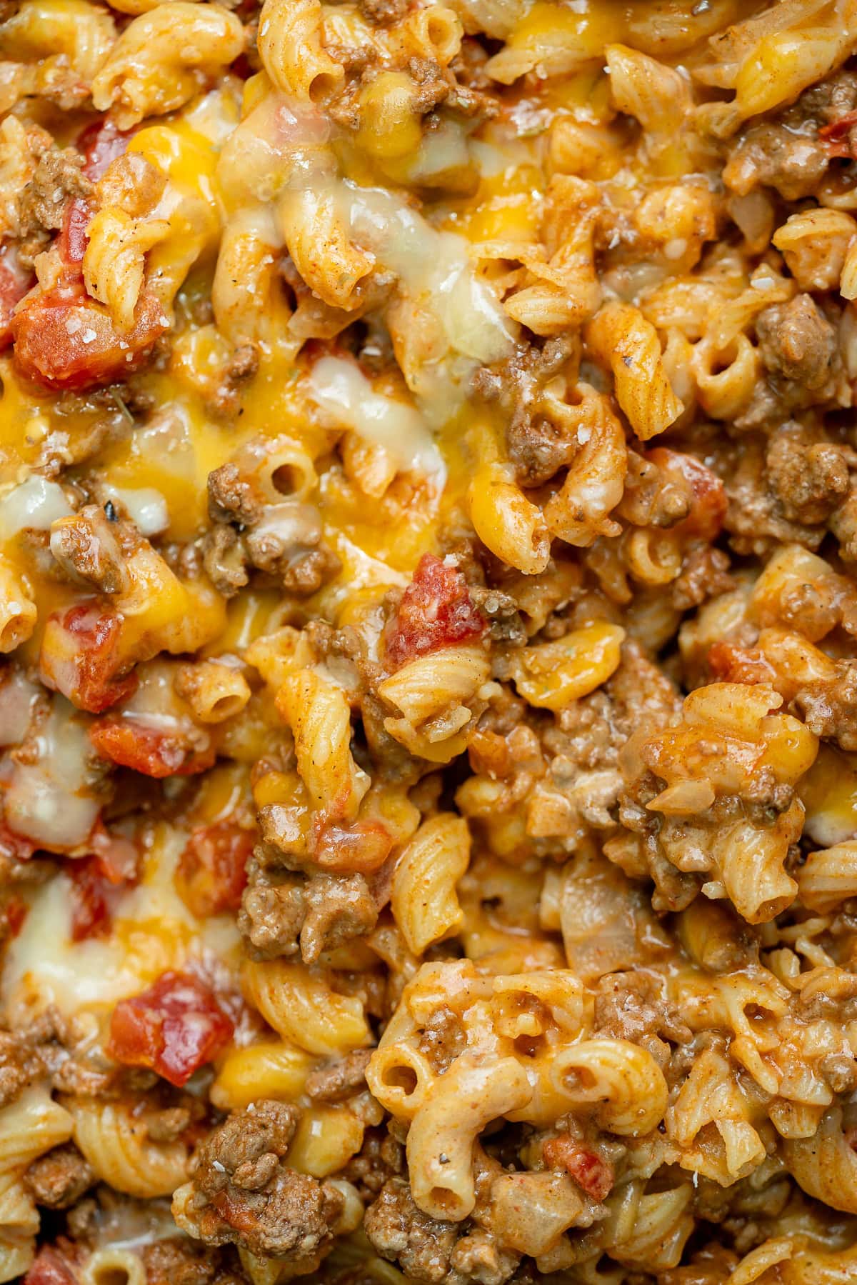 overhead shot of chili mac shot very closely