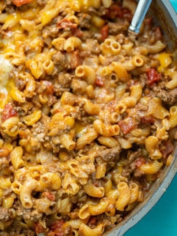 overhead shot of chili mac in a large skillet