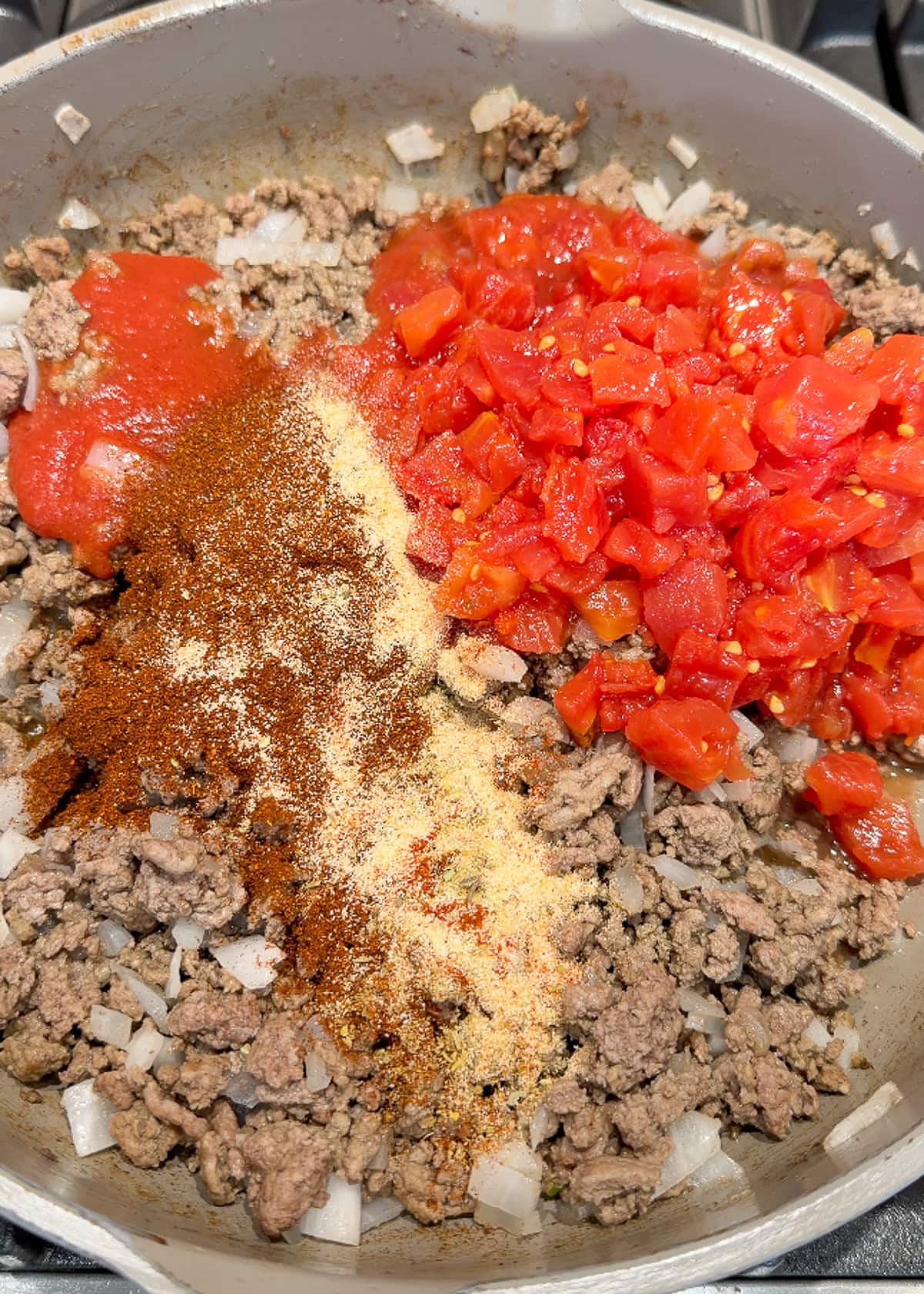 ground beef, tomatoes, chilies, and seasonings in a skillet