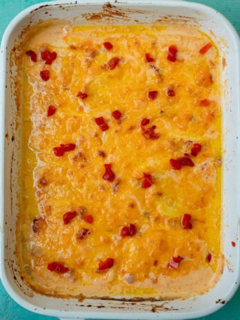 overhead shot of southern squash casserole with pimento cheese