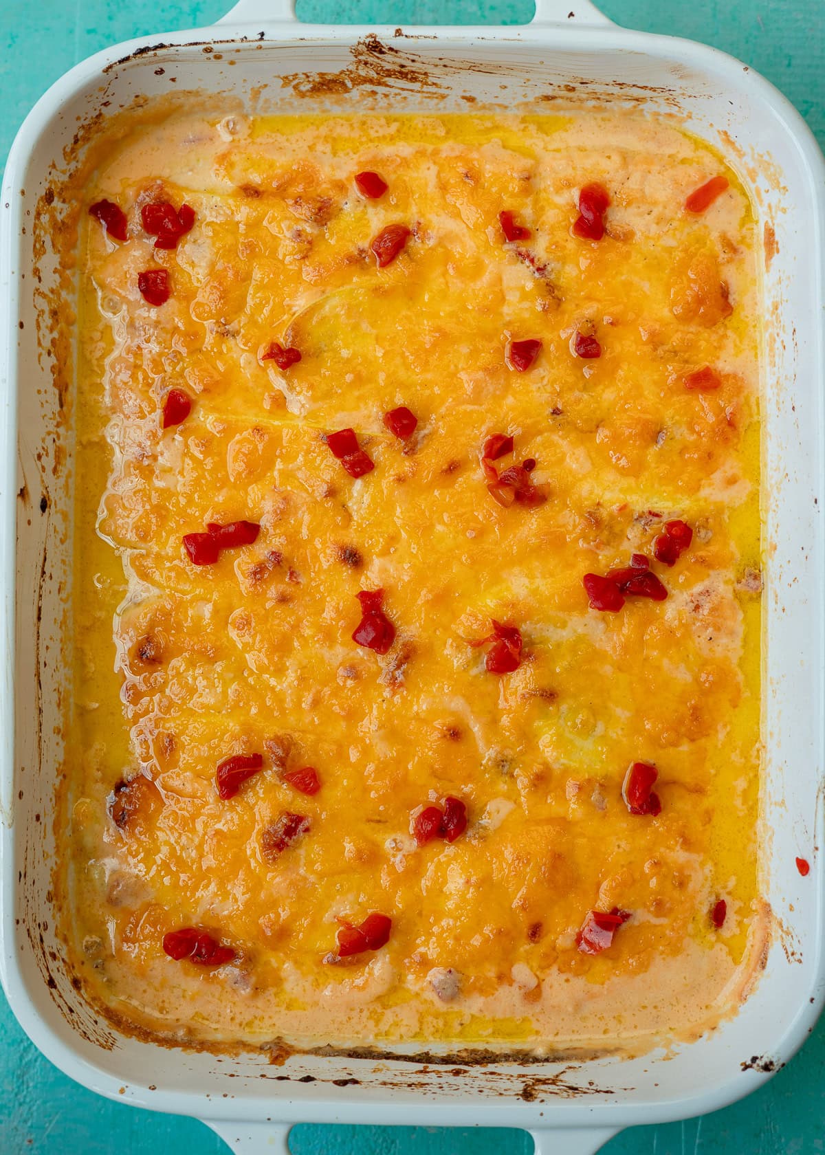 overhead shot of southern squash casserole with pimento cheese
