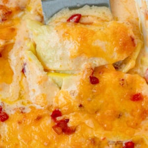 creamy squash casserole with pimento cheese sauce in a casserole dish