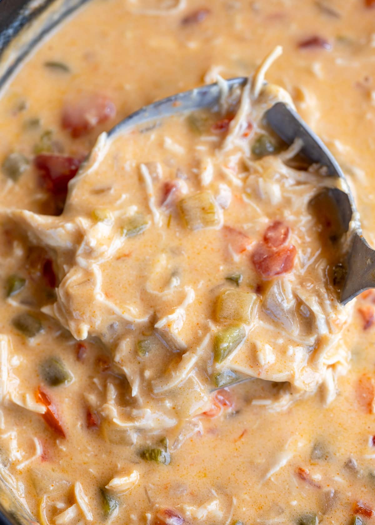 closeup image showing ultra creamy chicken taco soup