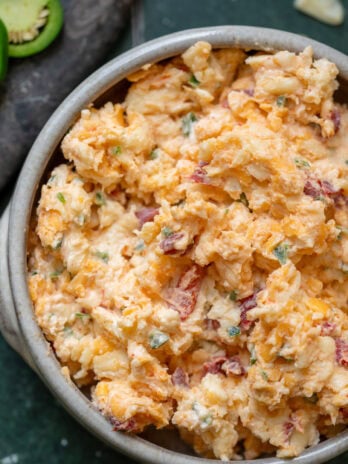 creamy pimento cheese dip in a bowl ready to be the best game night appetizer
